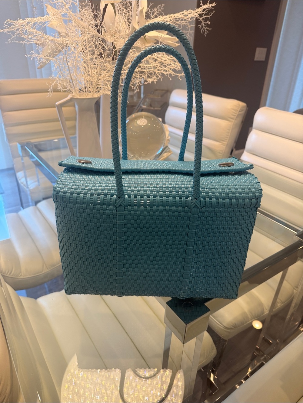 Handmade Woven Plastic Tote Bag in Blue